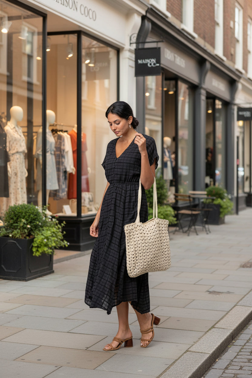 Cotton Button Front Handkerchief Midi Dress: Black