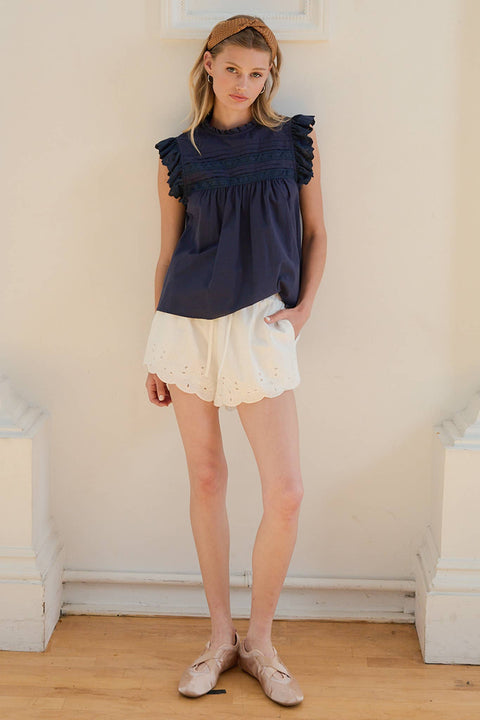 Indigo Washed Cotton Lace Panel Blouse