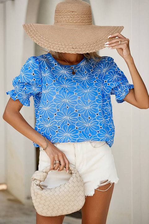 Floral Eyelet Puff Sleeve Blouse: Sky Blue