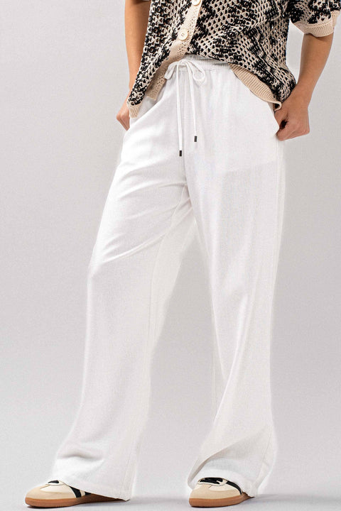 Urban Daizy-Wide-Leg Drawstring Linen-Blend Pants: White (FINAL SALE)-Pink Dot Styles