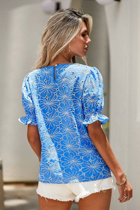 Floral Eyelet Puff Sleeve Blouse: Sky Blue