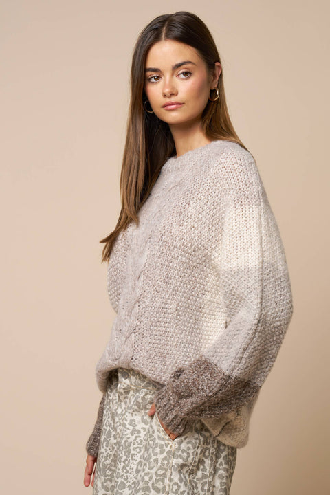Lalavon-Color Block Cable Knit Sweater: TAUPE / M-Pink Dot Styles