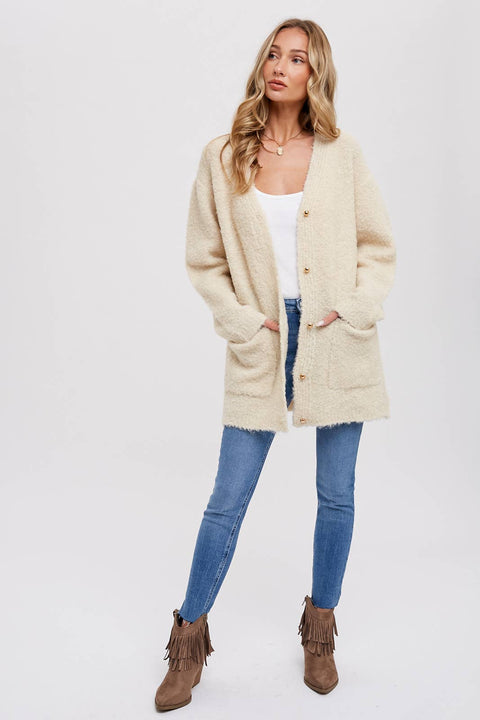 Bluivy-Silver Button Boucle Cardigan: Oatmeal-Pink Dot Styles