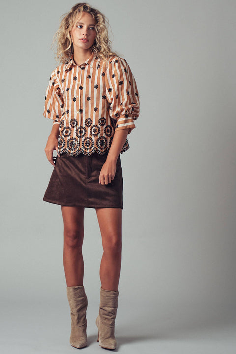 Urban Daizy-Striped Floral Embroidered Scallop Blouse: BROWN / S-2/M-2/L-2-Pink Dot Styles