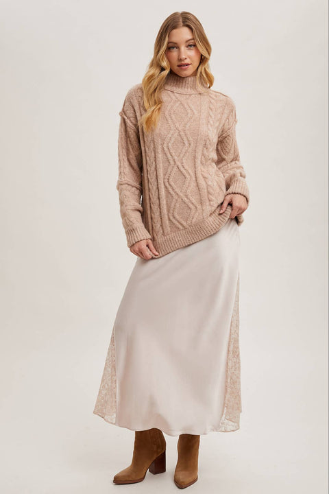 Turtleneck Cable Knit Sweater: Latte