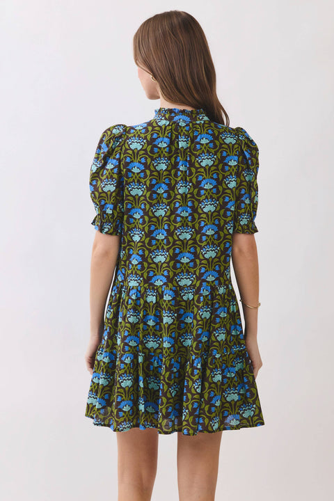 Floral Print Puff Sleeve Button Front Mini Dress: Brown