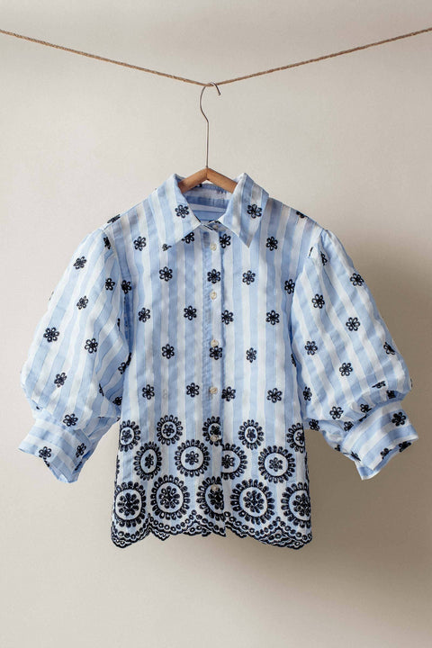 Urban Daizy-Striped Floral Embroidered Scallop Blouse: BROWN / S-2/M-2/L-2-Pink Dot Styles
