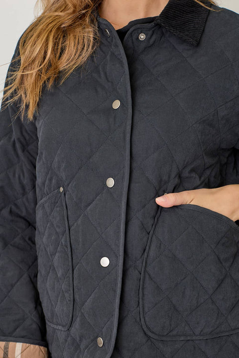 Mystree-60188 Contrast Quilted Jacket: Black / Medium-Pink Dot Styles