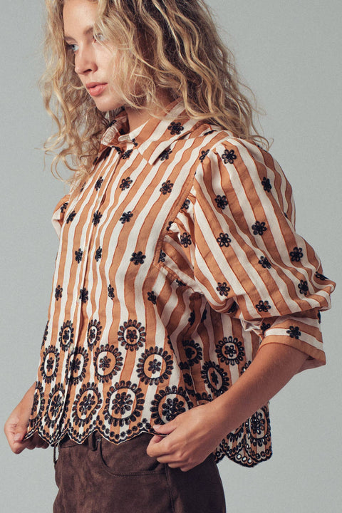 Urban Daizy-Striped Floral Embroidered Scallop Blouse: BROWN / S-2/M-2/L-2-Pink Dot Styles