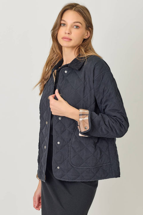 Mystree-60188 Contrast Quilted Jacket: Black / Medium-Pink Dot Styles