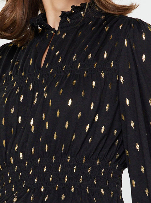 Metallic Foil Dot Peplum Top: Black-Gold