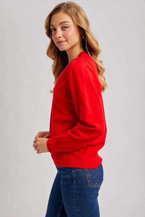Ribbed V-Neck Knit Sweater: Ruby Red