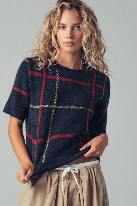 Urban Daizy-Plaid Short Sleeve Knit Sweater Top: Navy / S/M-M/L:3-3-Pink Dot Styles