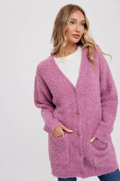 Bluivy-Silver Button Boucle Cardigan: Oatmeal-Pink Dot Styles