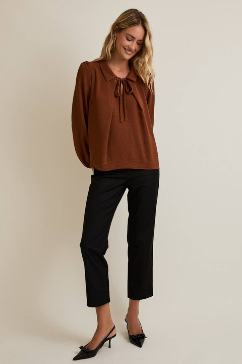 Brown Collar Tie Pleated Blouse