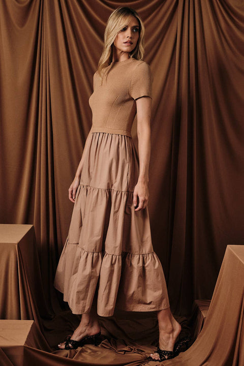 Sunday Edition by LE LIS-Mixed Media Knit and Woven Midi Dress-Pink Dot Styles