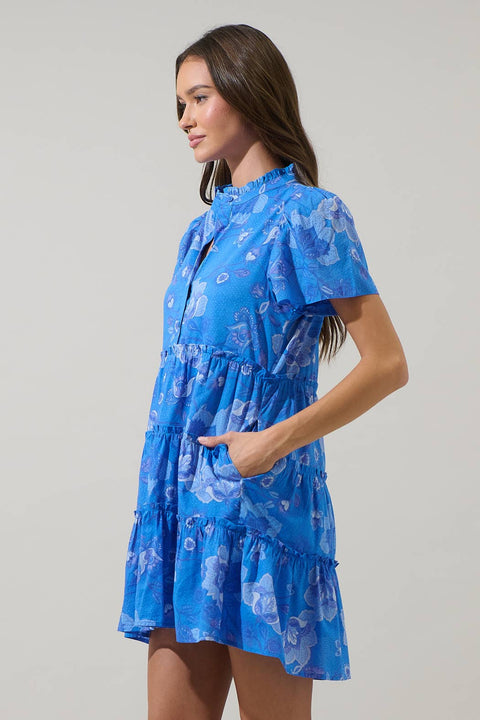 Sugarlips-Selma Floral Otis Tiered Mini Dress: Cobalt Blue-Pink Dot Styles