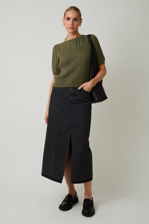 Short Sleeve Cable Knit Sweater: Olive
