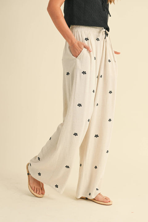 MIOU MUSE-Oatmeal Embroidered Linen Pants-Pink Dot Styles