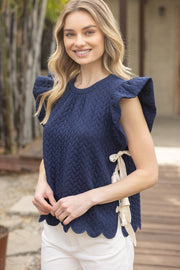 VOY-Twill Tie Textured Knit Top: Navy-Pink Dot Styles