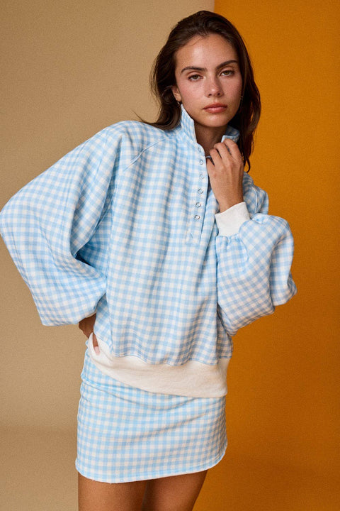 Blue Gingham Quarter Snap Sweatshirt