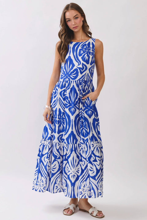 TCEC-Abstract Floral Print Tiered Maxi Dress-Pink Dot Styles