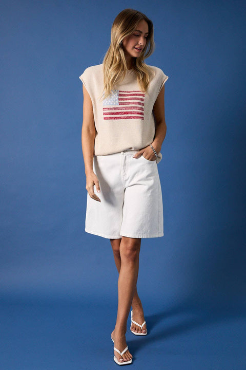 Sunday Edition-CREW NECK WIDE SHOULDER USA FLAG SWEATER: CREAM / S-Pink Dot Styles