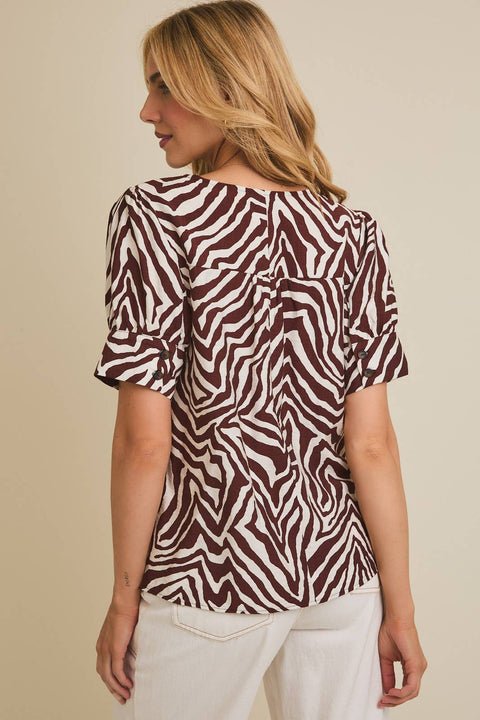 GILLI-Zebra Puff Sleeve Top-Pink Dot Styles
