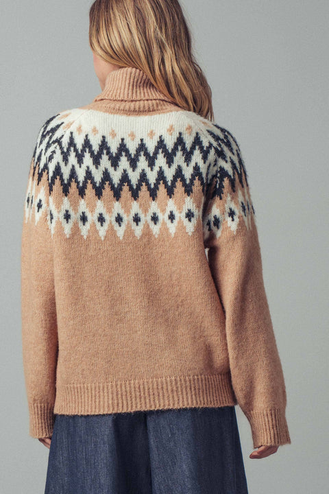 Fair Isle Knit Turtleneck Sweater: Taupe