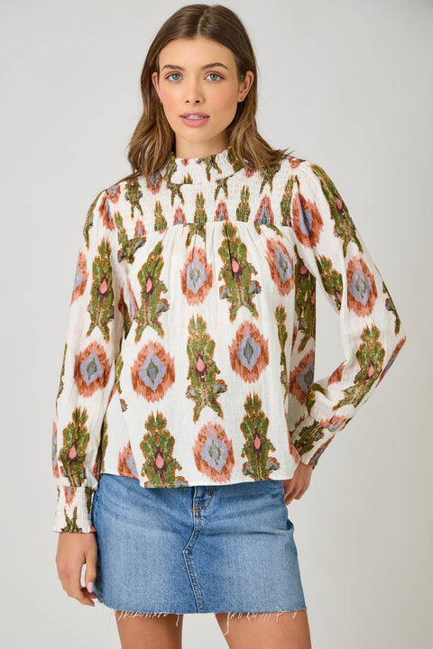 Mystree-Block Print Smocked Blouse-Pink Dot Styles