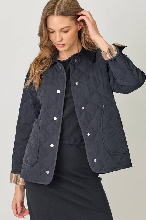 Mystree-60188 Contrast Quilted Jacket: Black / Medium-Pink Dot Styles