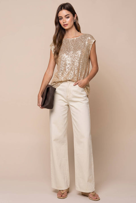 Sequin Cap Sleeve Boat Holiday Blouse: Gold / S