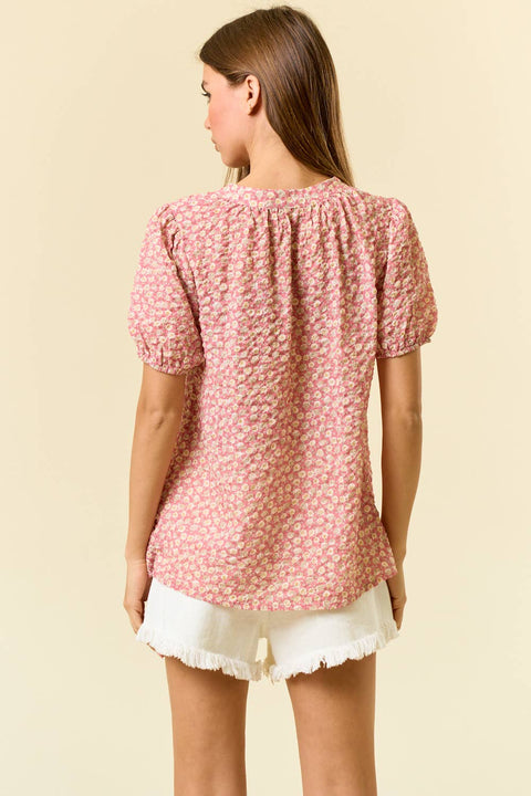 Doe and Rae-Coral Floral Short Sleeve Blouse-Pink Dot Styles
