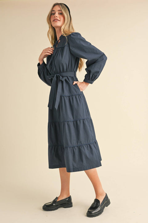 &MERCI-Navy Contrast Binding Midi Dress-Pink Dot Styles
