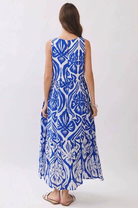 TCEC-Abstract Floral Print Tiered Maxi Dress-Pink Dot Styles