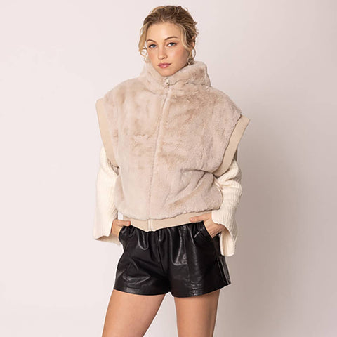 Sensibling Corp.-Faux Fur Rib Sleeve Vest-Pink Dot Styles