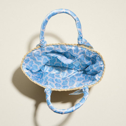 Frem-Shell Raffia Bag with Scarf Handles-Pink Dot Styles