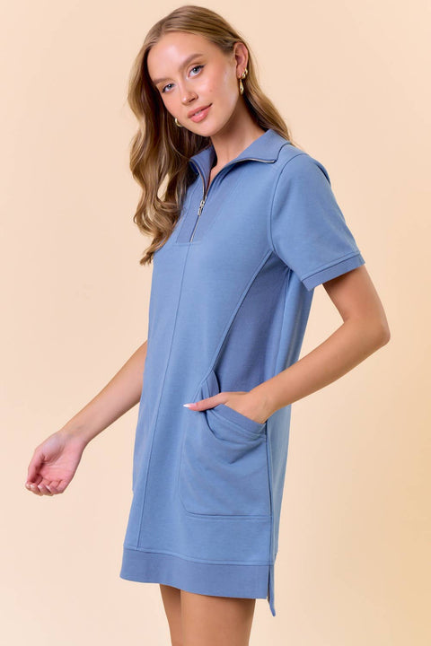 Doe and Rae-French Terry Short Sleeve Dress-Pink Dot Styles