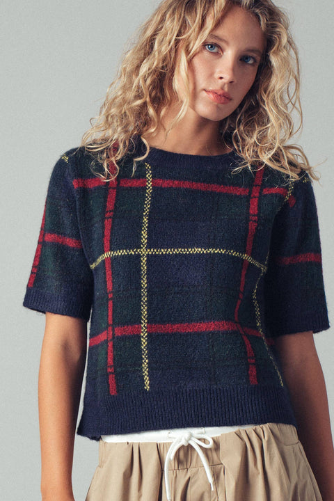 Urban Daizy-Plaid Short Sleeve Knit Sweater Top: Navy / S/M-M/L:3-3-Pink Dot Styles
