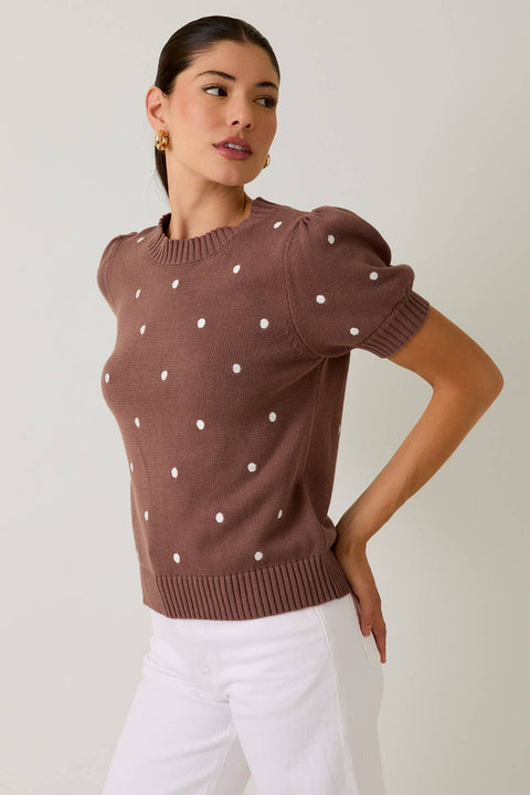 Sunday Edition by LE LIS-ROUND NECK PUFF SHORT SLEEVE "POLKA DOT" EMBROIDERED SWEATER: MOCHA-IVORY DOT / S-Pink Dot Styles