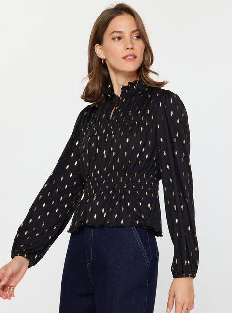 Metallic Foil Dot Peplum Top: Black-Gold