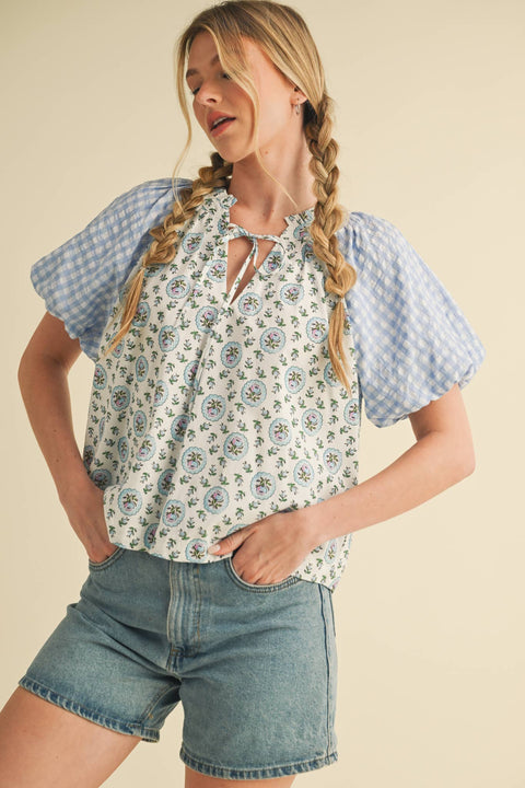 &MERCI-CONTRAST PRINT BUBBLE SLEEVE TOP MTP3562: Baby Blue Multi / M-Pink Dot Styles