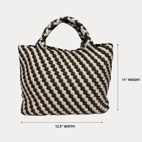 AHDORNED-Lily Woven Neoprene Tote with Pouch: NAVY/ECRU-Pink Dot Styles