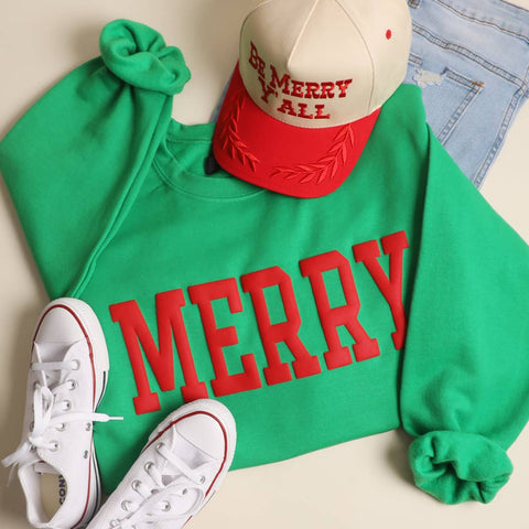 MERRY Puff Raised Letter Heavyweight Sweatshirt: WHITE
