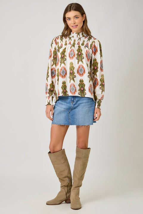 Mystree-Block Print Smocked Blouse-Pink Dot Styles