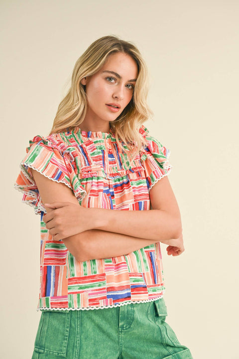 &MERCI-Multi Color Smocked Ruffle Trim Top-Pink Dot Styles