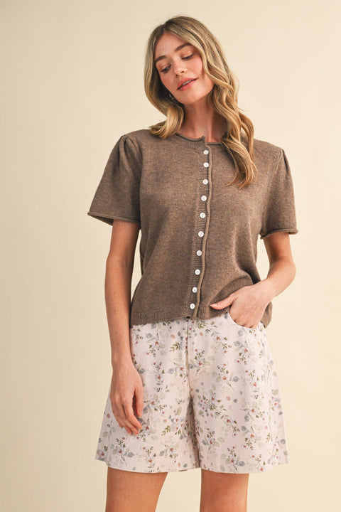&MERCI-Mocha Short Sleeve Sweater-Pink Dot Styles