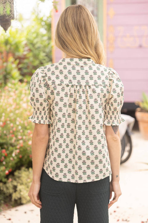 VOY-Block Print Smocked Floral Top-Pink Dot Styles