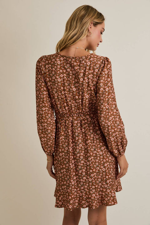 GILLI-Mocha Taupe Floral Dress-Pink Dot Styles