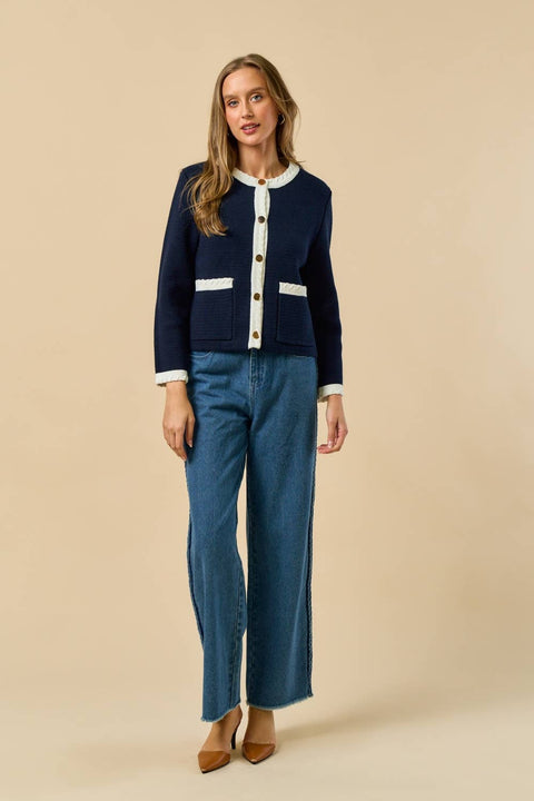 Lalavon-ILT6336 Loop Detail Sleeve Cardigan Top : NAVY-OFF WHITE / S-Pink Dot Styles